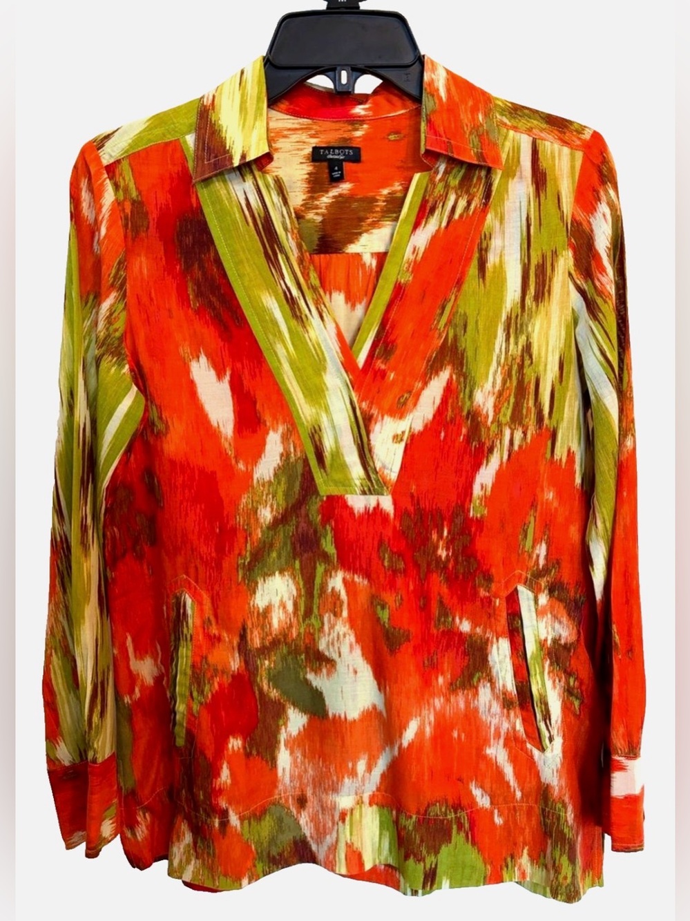 Talbots Cotton Silk Tunic Top 4 Orange Green Abstract Print V Neck Pockets